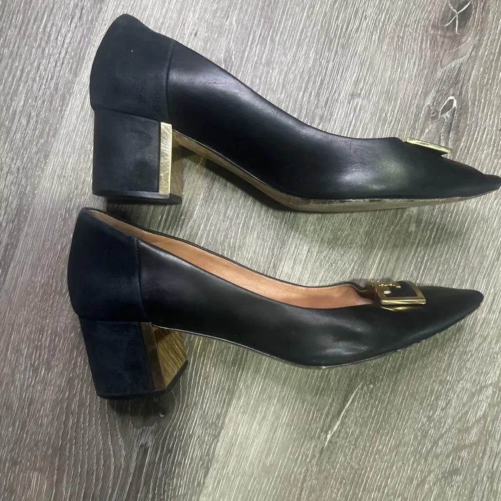 Tory Burch Gigi Black Pointed Toe Heels with Gold Logo 8